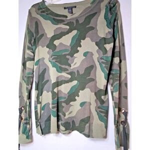 INC International Concepts Women Med. Camouflage Sweater Lace-up Cuffs Camo Chic